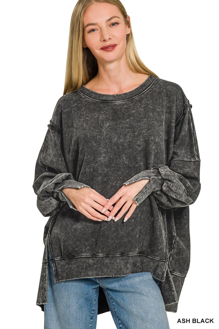 ZENANA ACID WASH F/TERRY EXPOSED-SEAM SWEATSHIRT - ASH BLACK